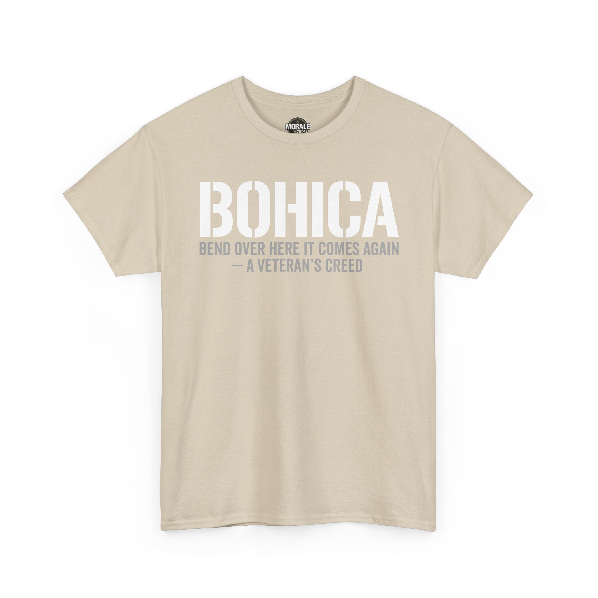 Sand BOHICA crew-neck T-shirt with large front slogan graphic print