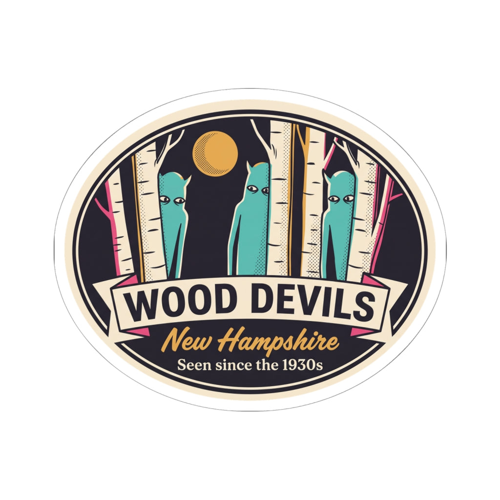 Round-edge oval sticker design with birch trunks, teal figures, gold moon, “Wood Devils”