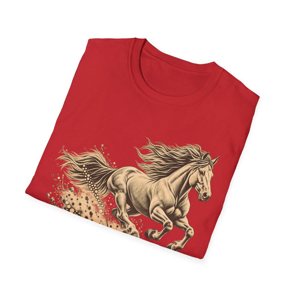 Red crew-neck T-shirt featuring running horse western graphic