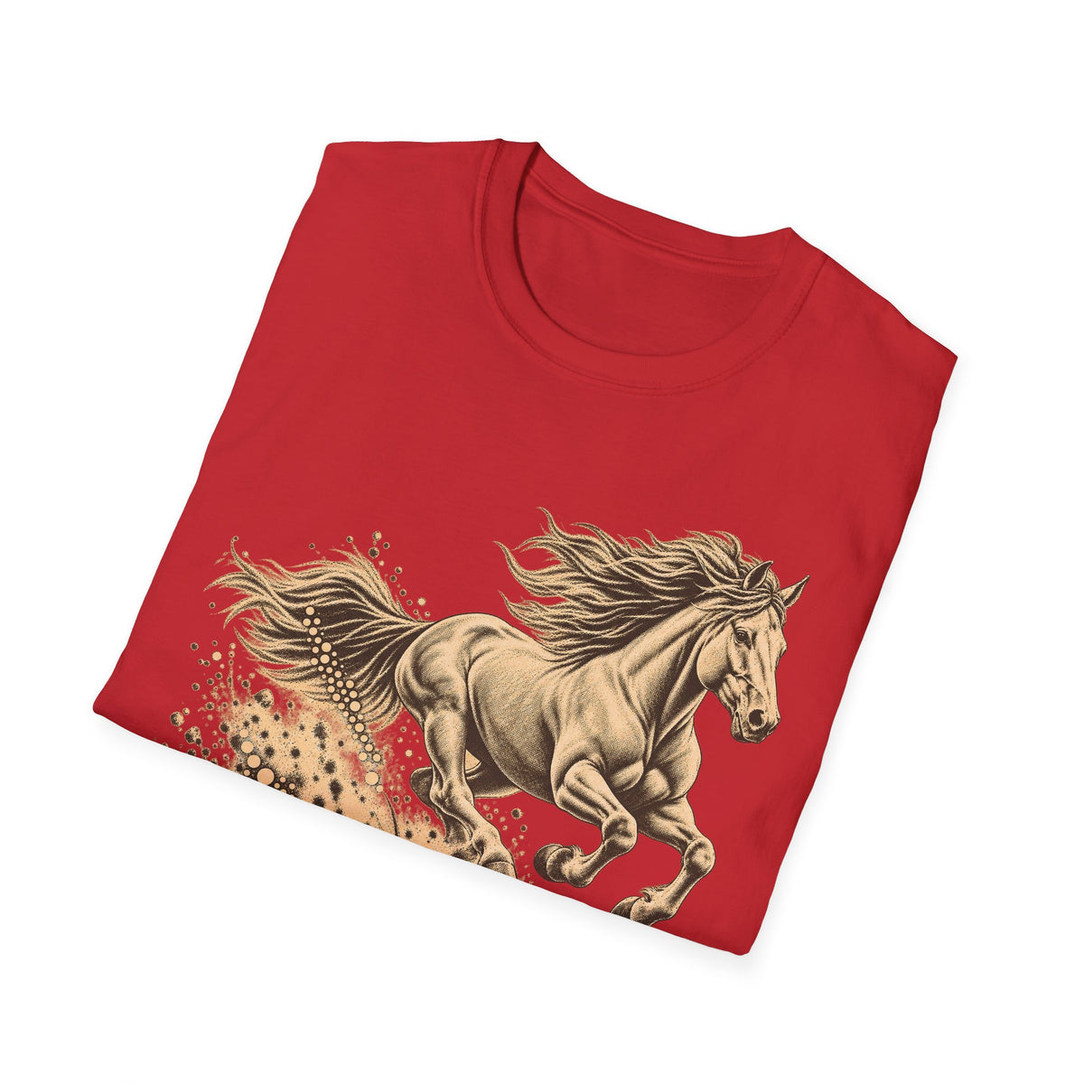 Red crew-neck T-shirt featuring running horse western graphic