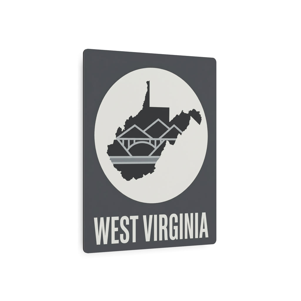 West Virginia metal wall art sign in dark gray with circular WV skyline silhouette and WEST VIRGINIA lettering