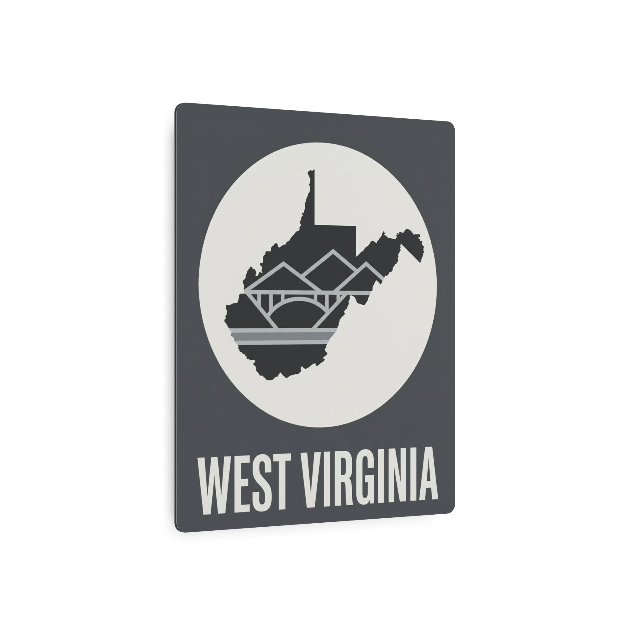 West Virginia metal wall art sign in dark gray with circular WV skyline silhouette and WEST VIRGINIA lettering