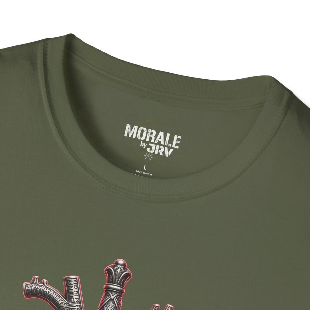 Military green T-shirt neckline close-up with partial chest graphic