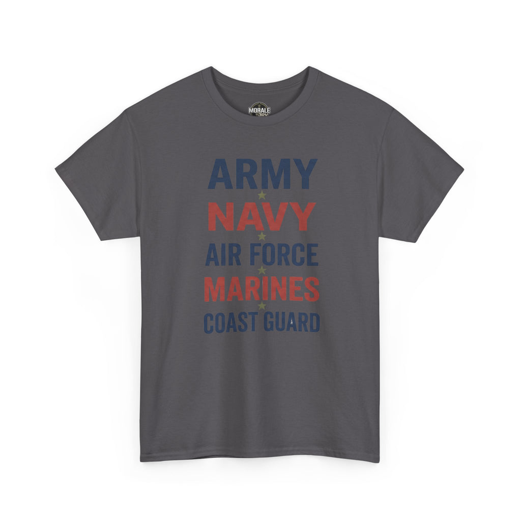 Charcoal T-shirt with 'ARMY NAVY AIR FORCE MARINES COAST GUARD' print