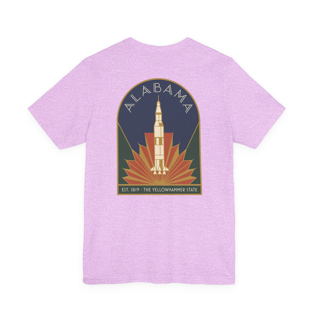 Lavender T-shirt with centered retro rocket graphic and Alabama crest circle