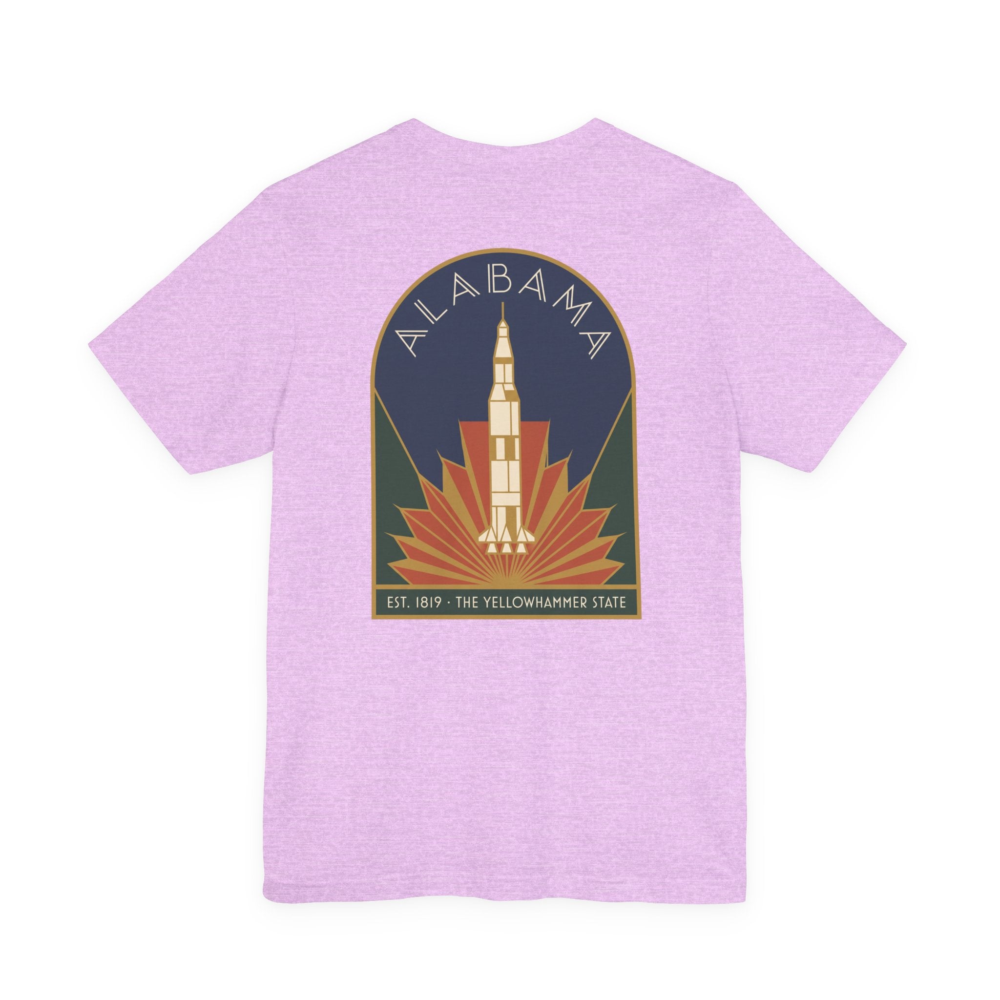 Lavender T-shirt with centered retro rocket graphic and Alabama crest circle