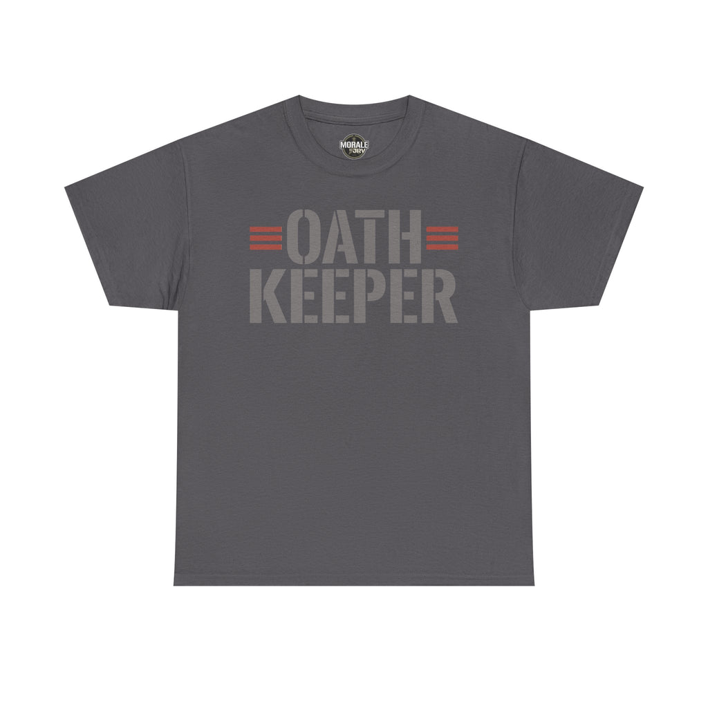 Charcoal T-shirt with 'OATH KEEPER' patriotic graphic