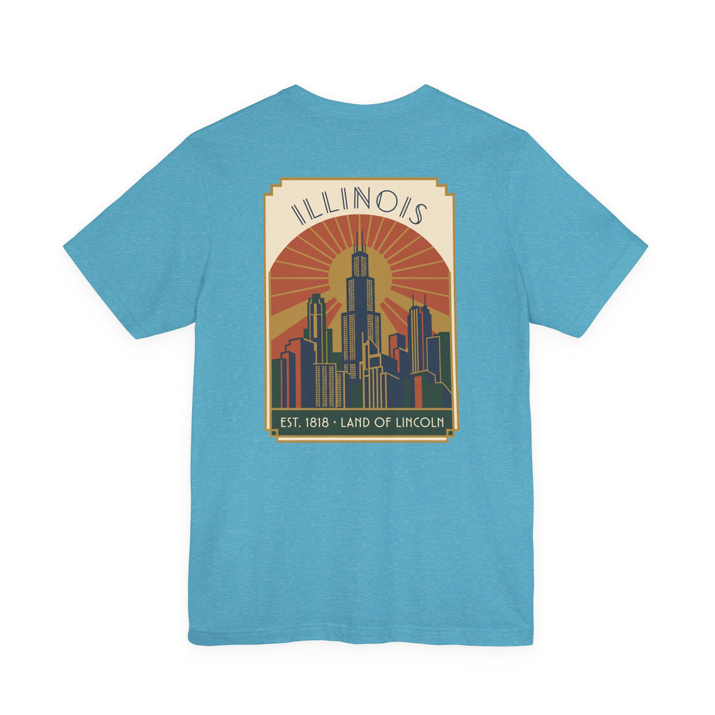 Heather aqua blue art deco T-shirt with Illinois skyline graphic and retro sunset badge