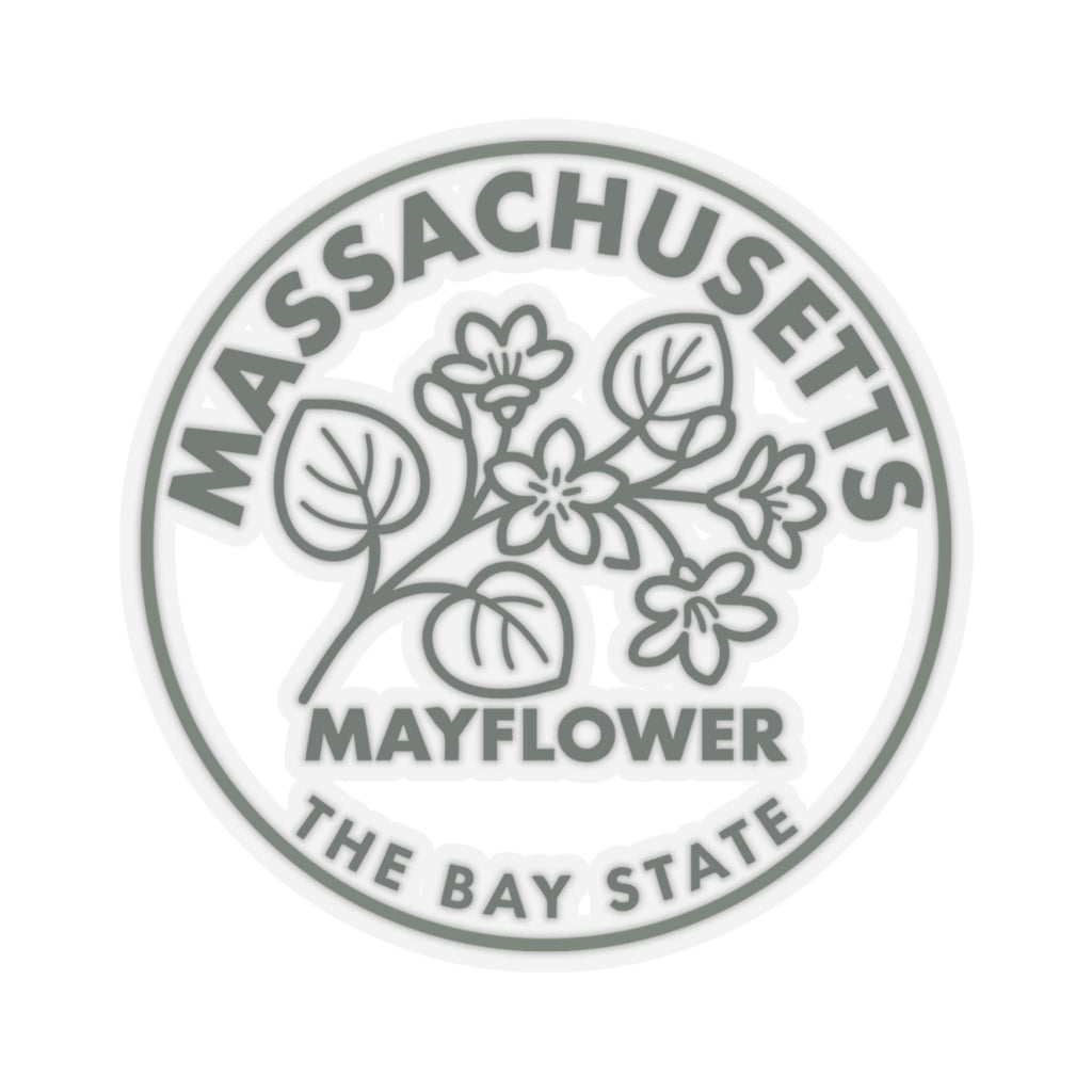Circular Massachusetts Mayflower state flower decal with gray “MASSACHUSETTS” and “MAYFLOWER”