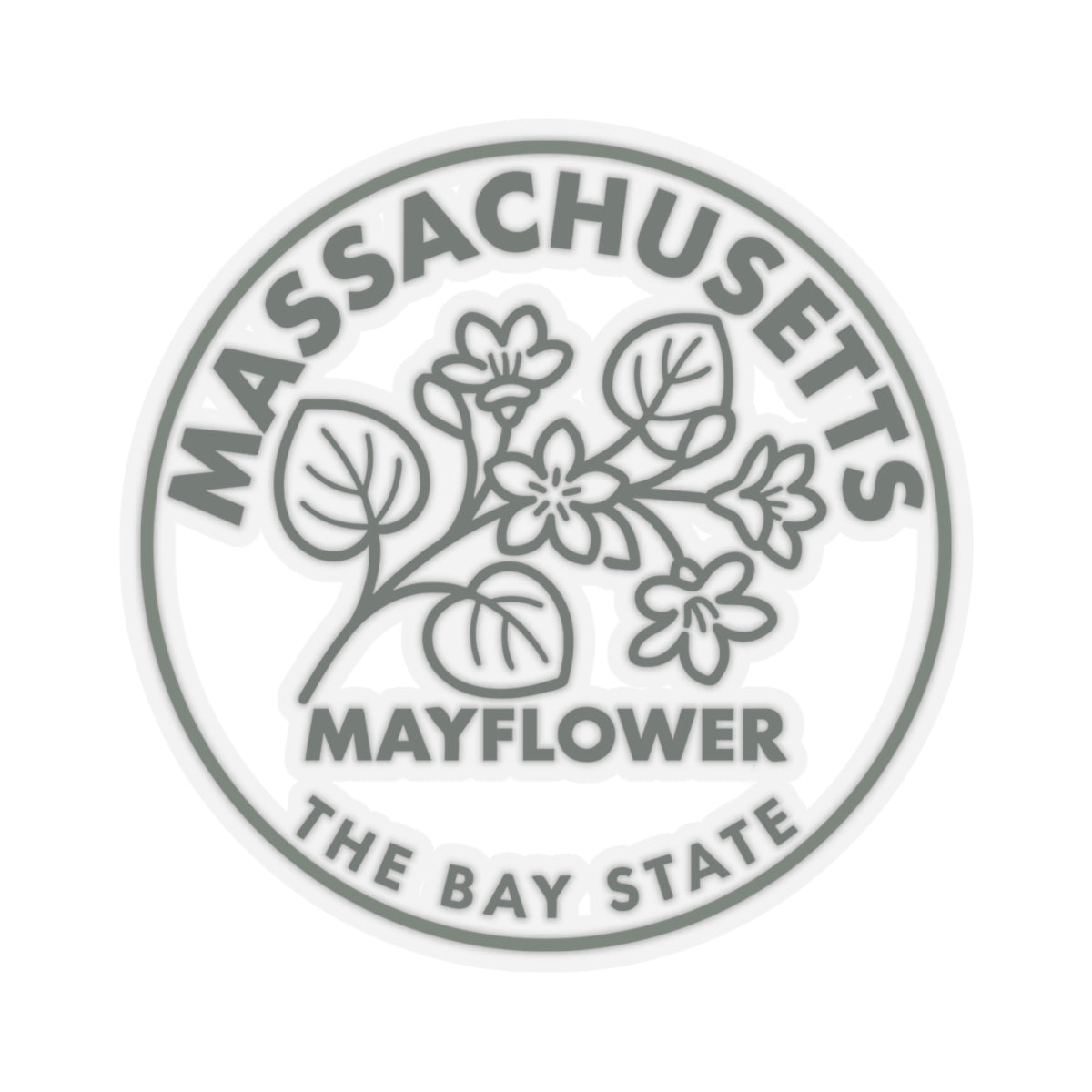 Circular Massachusetts Mayflower state flower decal with gray “MASSACHUSETTS” and “MAYFLOWER”