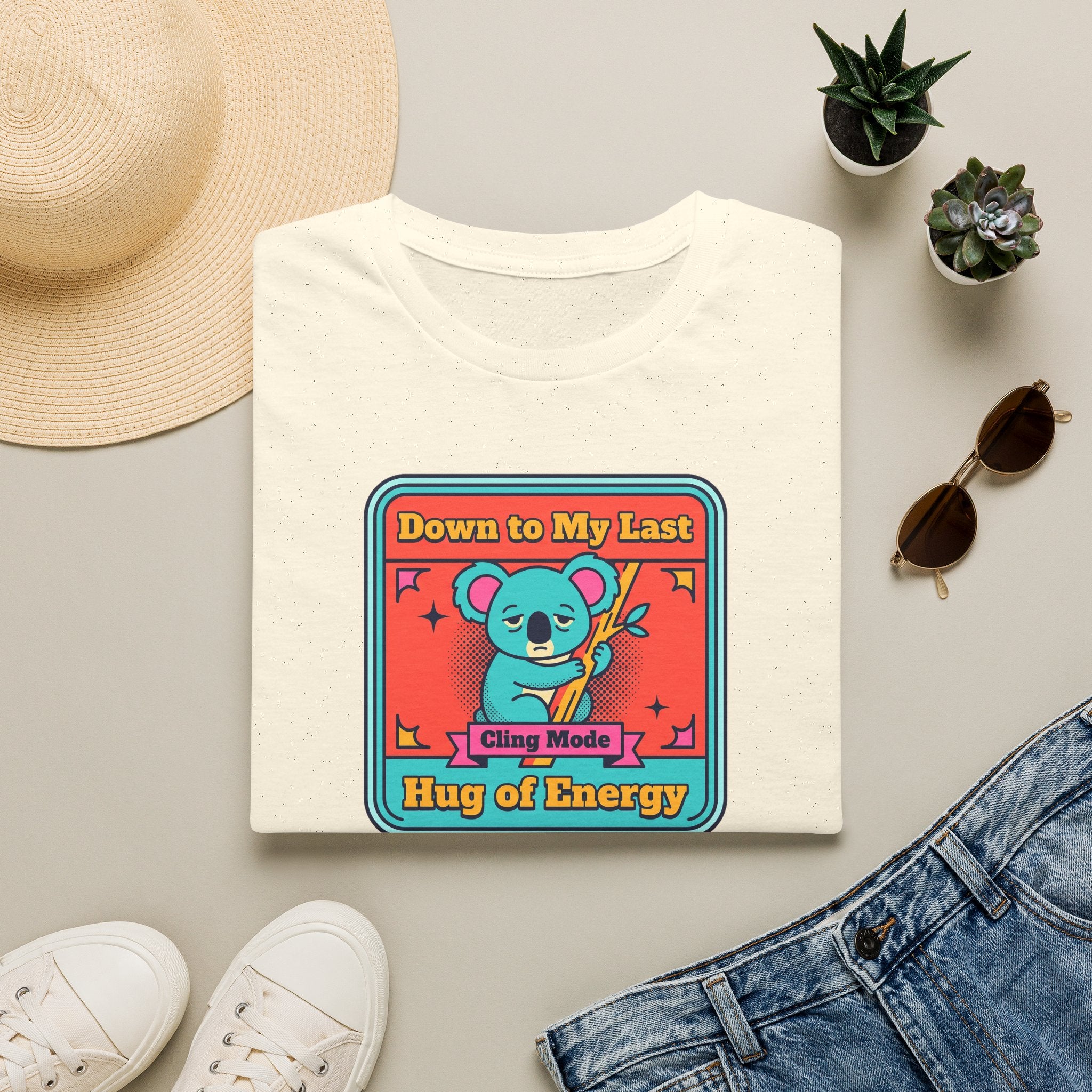 Cream koala graphic t-shirt with colorful badge-style front print