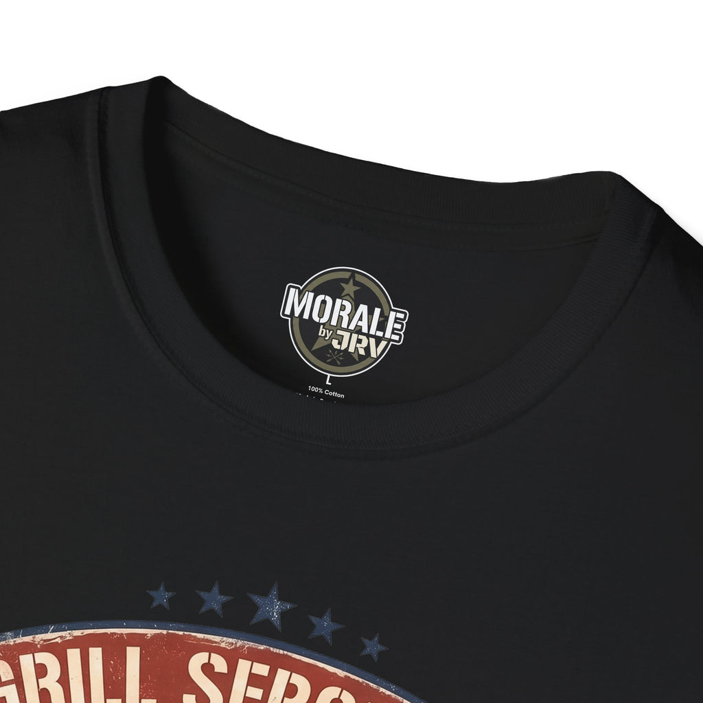 Black T-shirt neckline with small circular brand logo