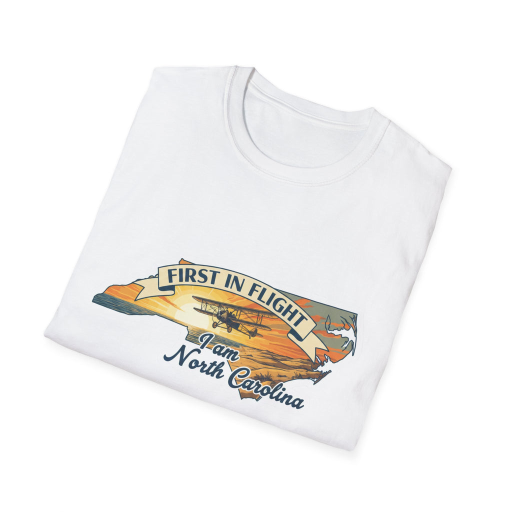 White North Carolina T-shirt with “First in Flight” plane and state outline graphic