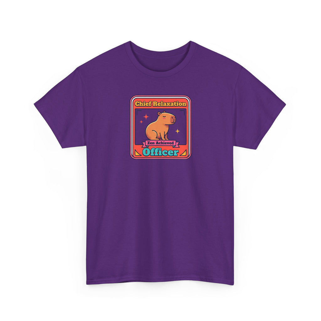 Purple crew-neck T-shirt with capybara zen 'Officer' graphic front