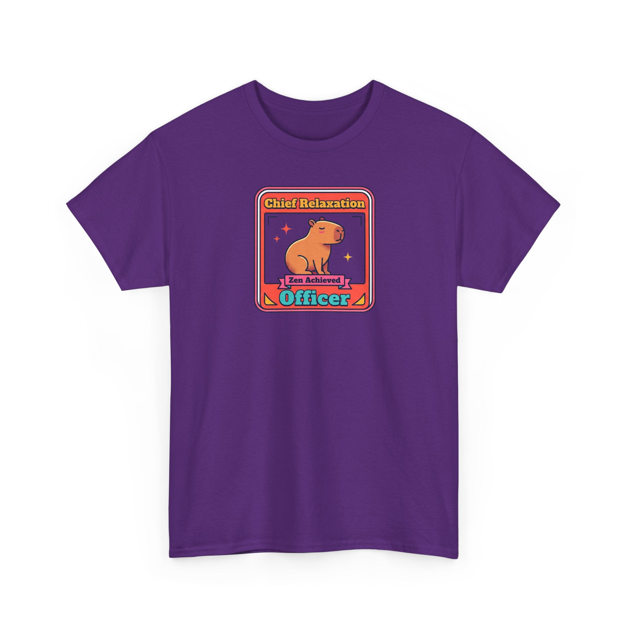 Purple crew-neck T-shirt with capybara zen 'Officer' graphic front
