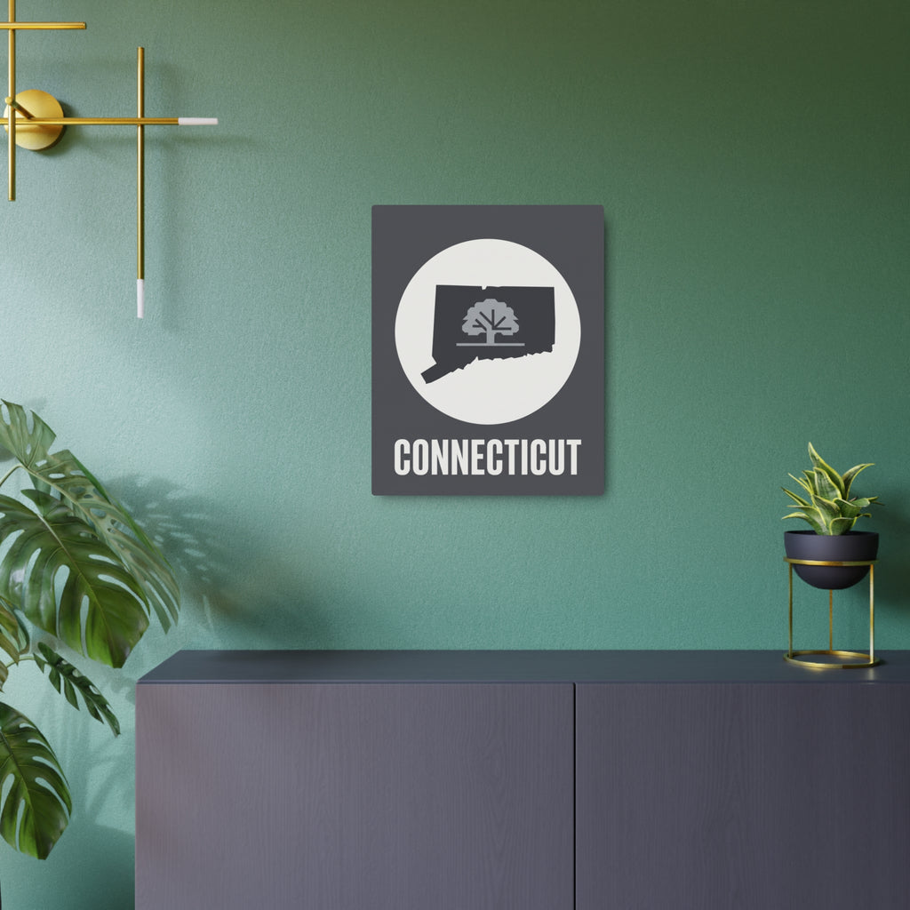 Connecticut metal wall plaque featuring circular tree state silhouette and CONNECTICUT lettering