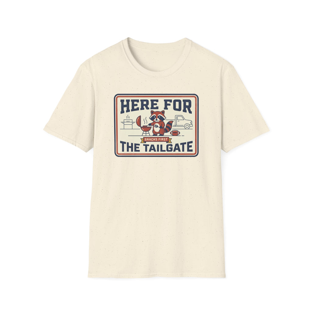 Cream short-sleeve T-shirt with "HERE FOR THE TAILGATE" front graphic