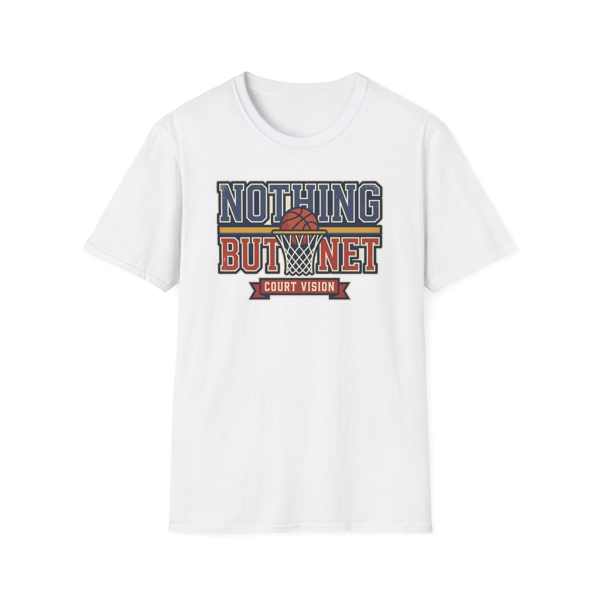 White short-sleeve T-shirt featuring “NOTHING BUT NET” hoop net graphic on the chest.