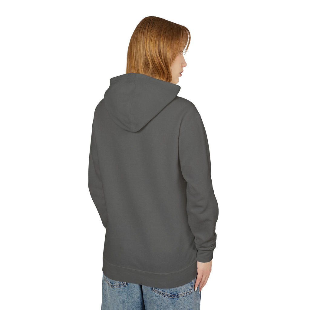 Dark gray pullover hoodie with hood, back side view