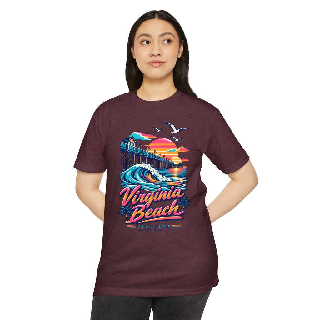 Burgundy graphic T-shirt with colorful pier waves, seagulls, and “Virginia Beach” logo