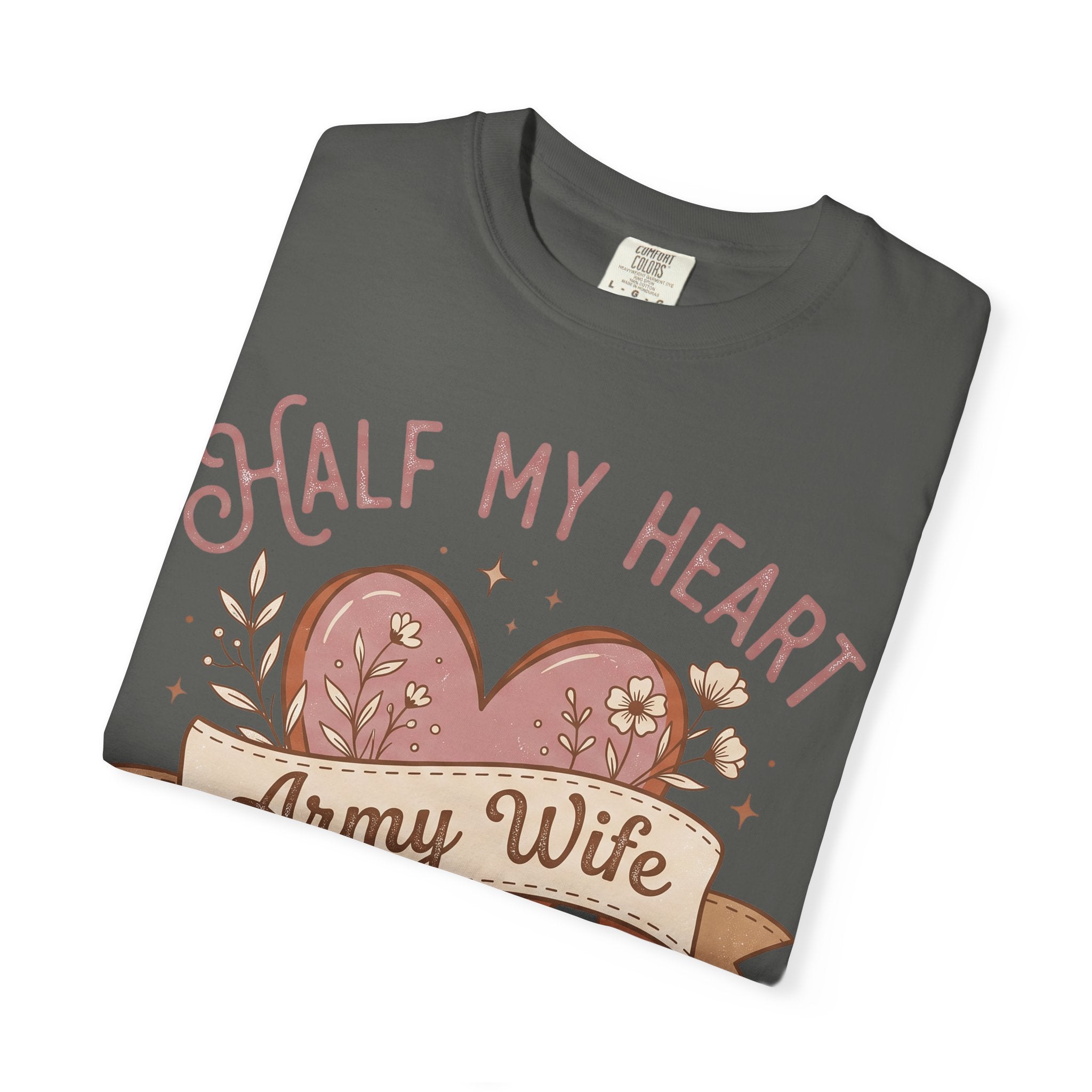 Charcoal T-shirt with half-heart graphic and 'Army Wife' ribbon text, crew neck