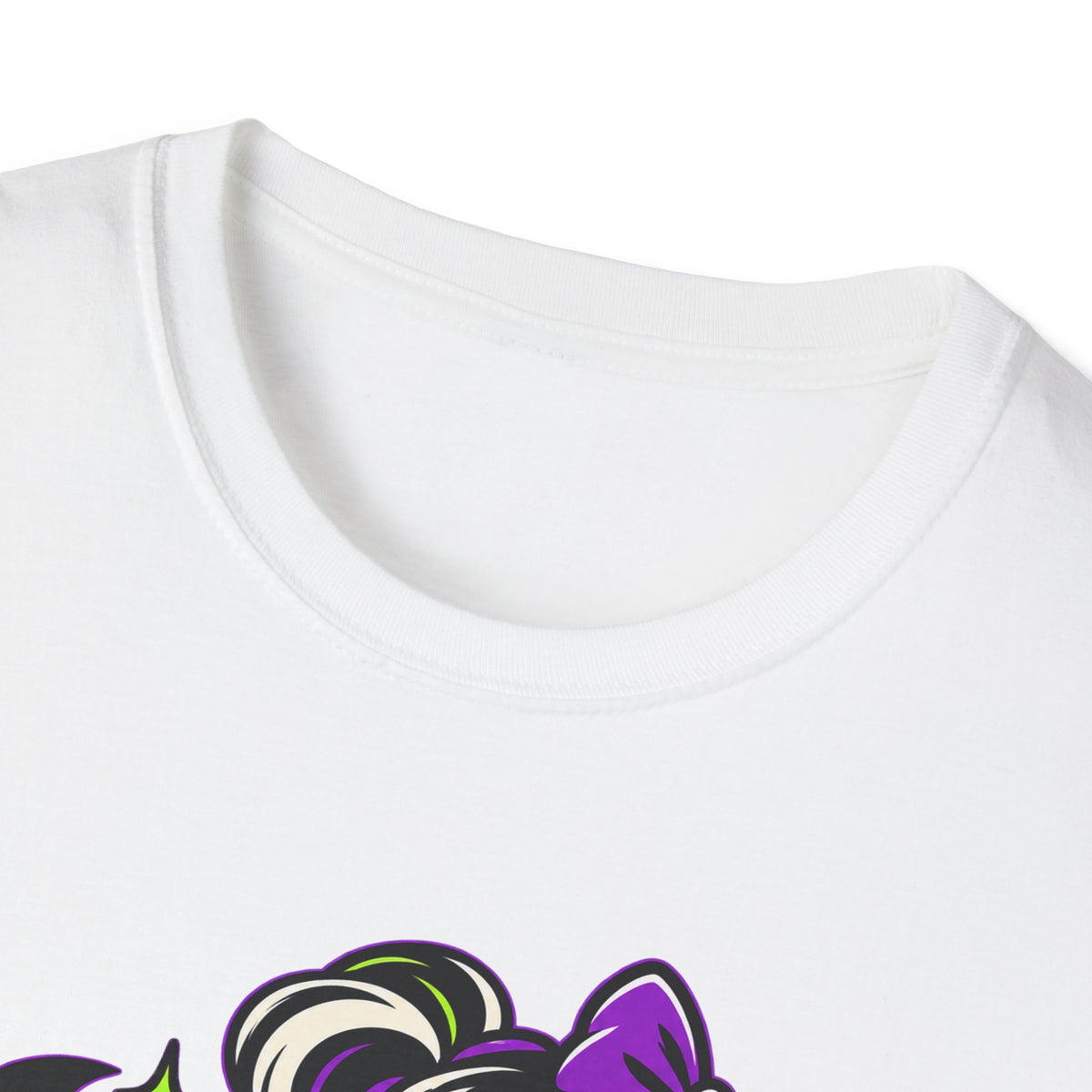 White T-shirt close-up of crew neckline and collar seam