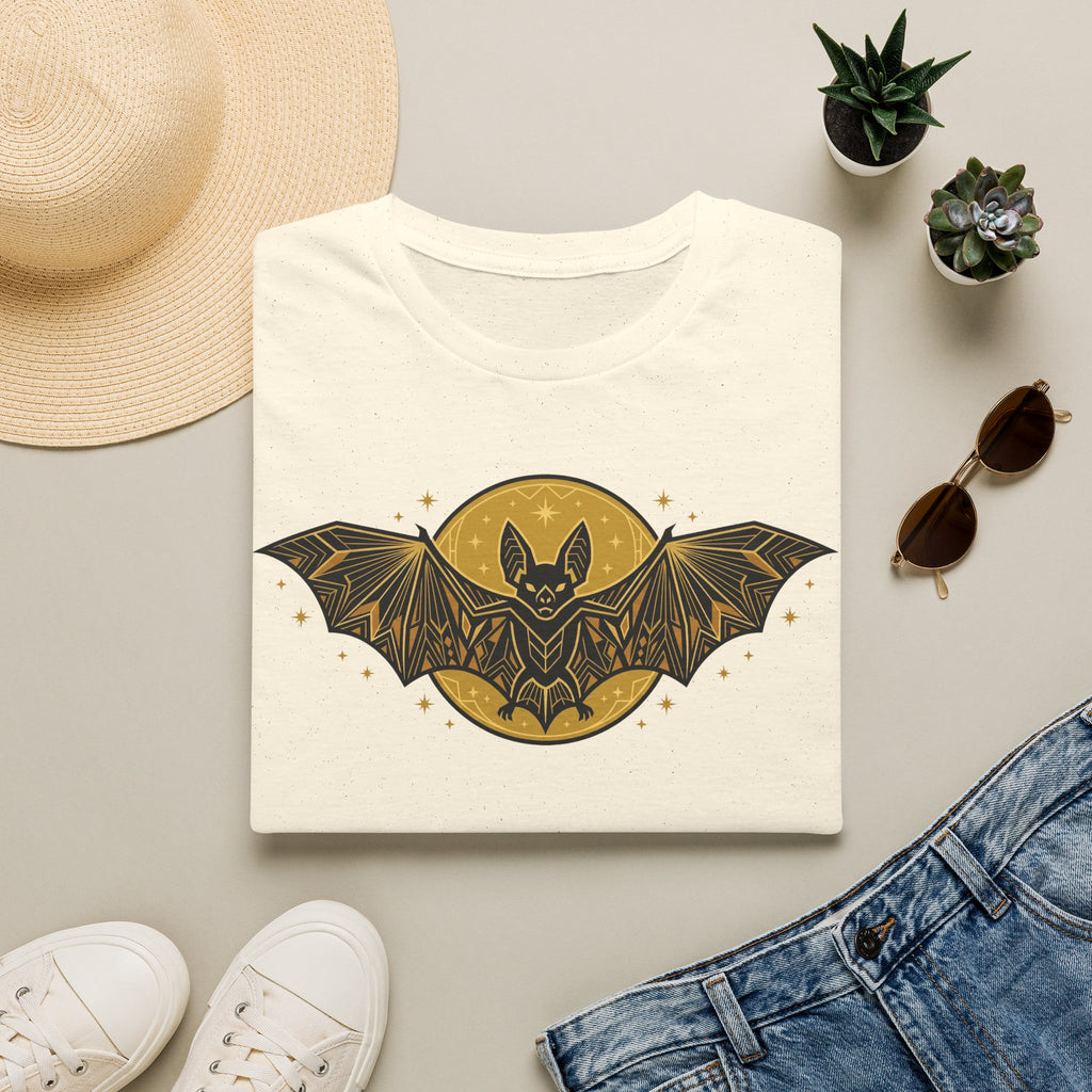 White graphic T-shirt with gold bat moon and winged stars
