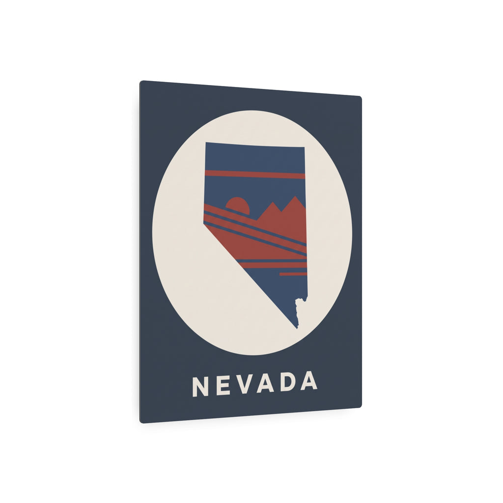 Nevada retro badge metal sign, blue square with white circle, Nevada text, and landscape bands