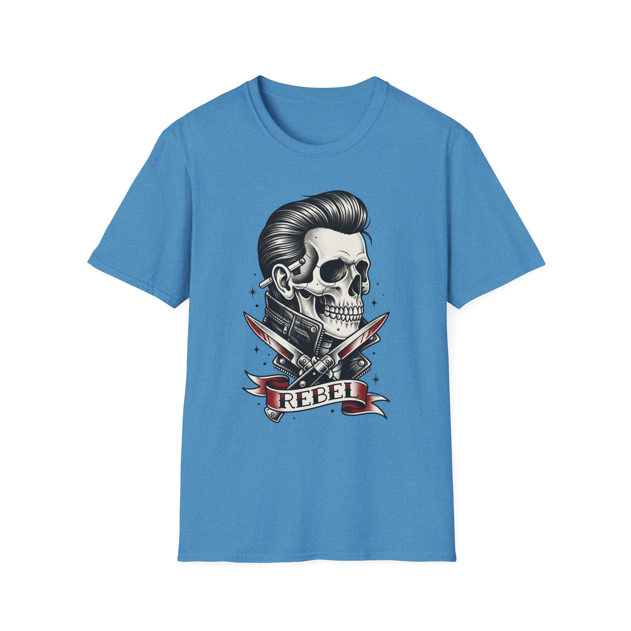 Rockabilly Rebel skeleton T-shirt, blue; pompadour skull with crossed razors tattoo print