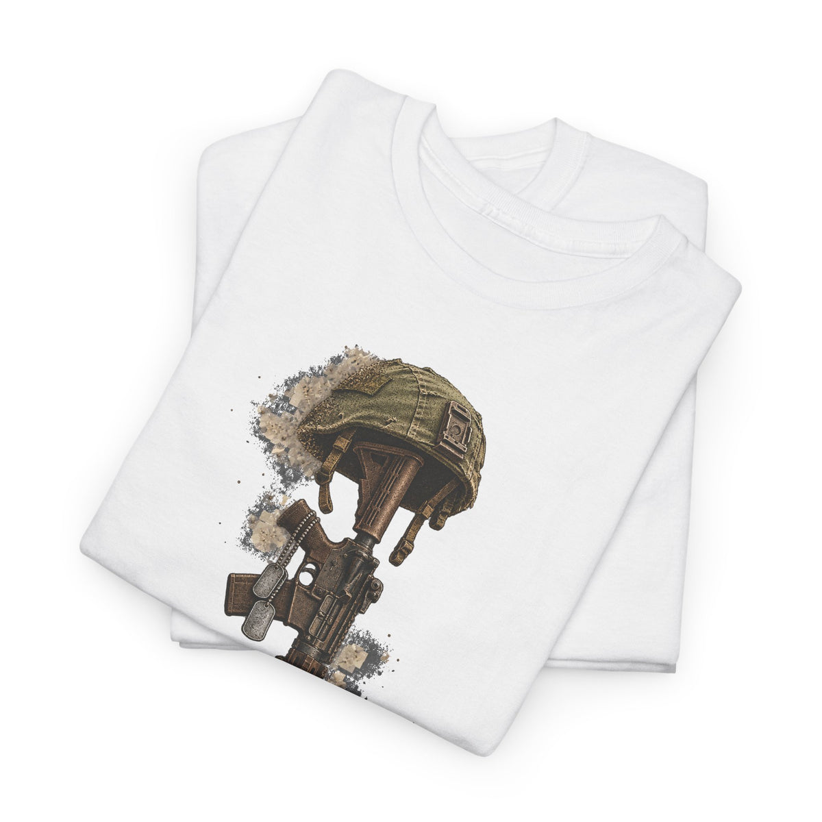White short-sleeve T-shirt with camo soldier helmet and rifle graphic