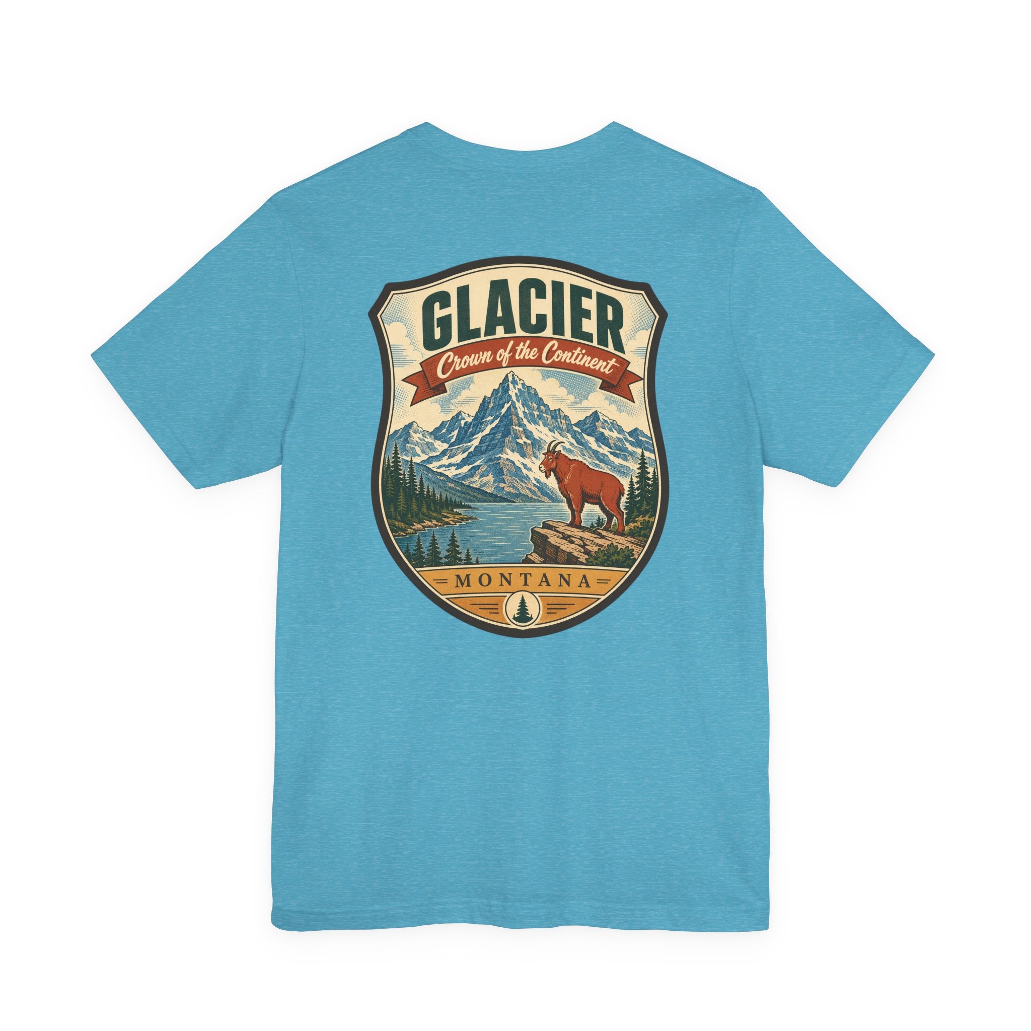 Turquoise crewneck t-shirt with Glacier Montana badge graphic featuring mountains and bear.
