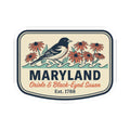 Maryland travel sticker showing bird and orange flowers with “Maryland” lettering in navy frame