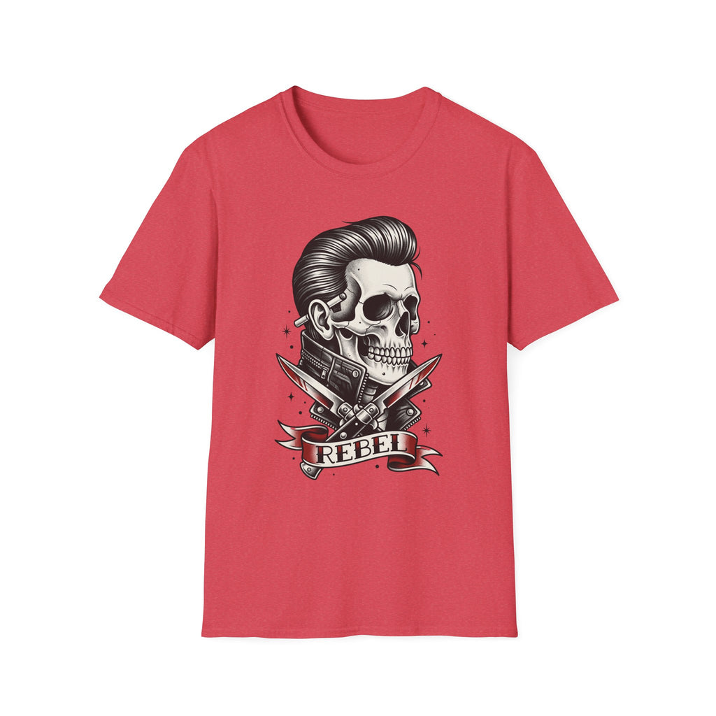 Rockabilly Rebel skeleton T-shirt, heather red; pompadour skull with crossed razors art