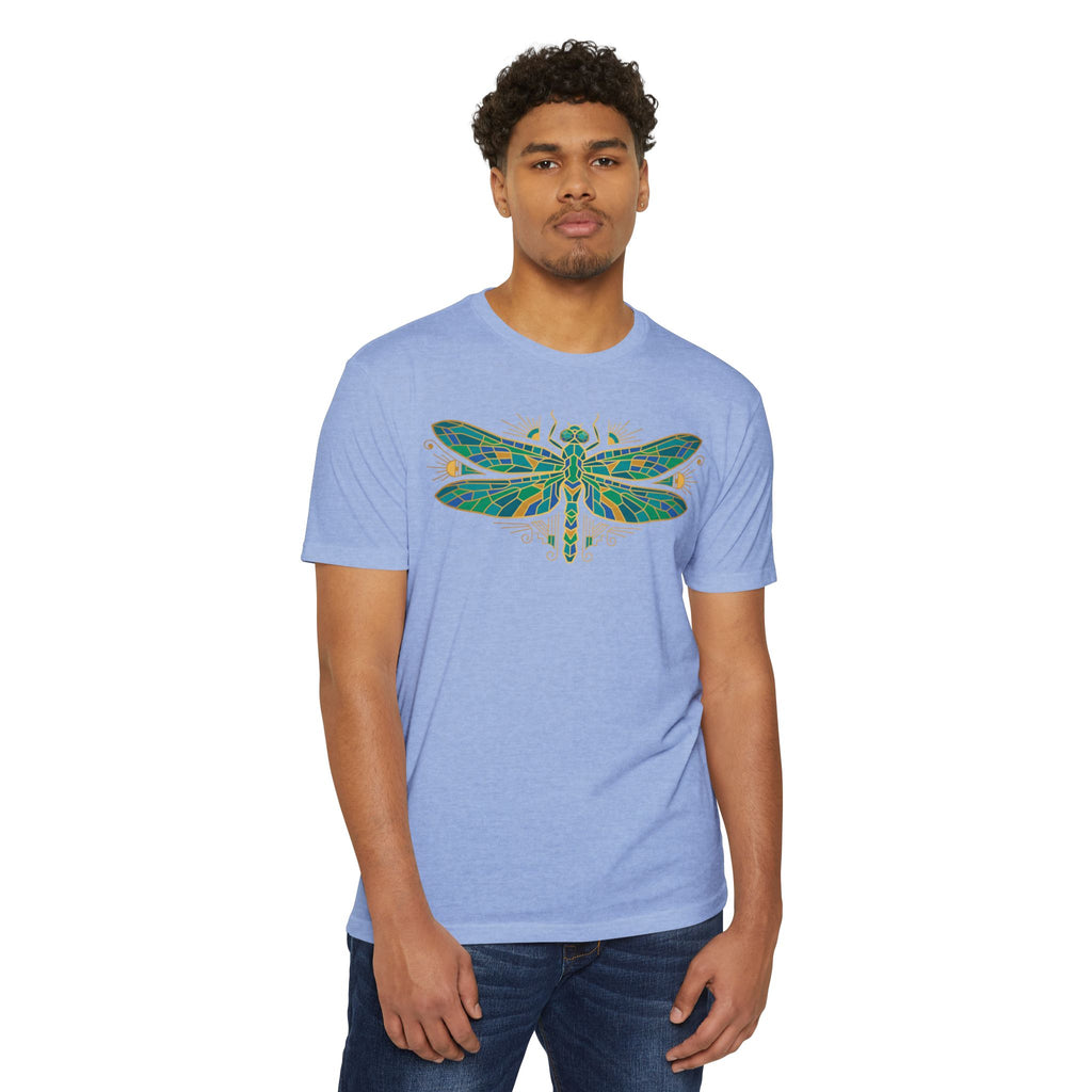Light blue unisex t-shirt with colorful dragonfly graphic on chest