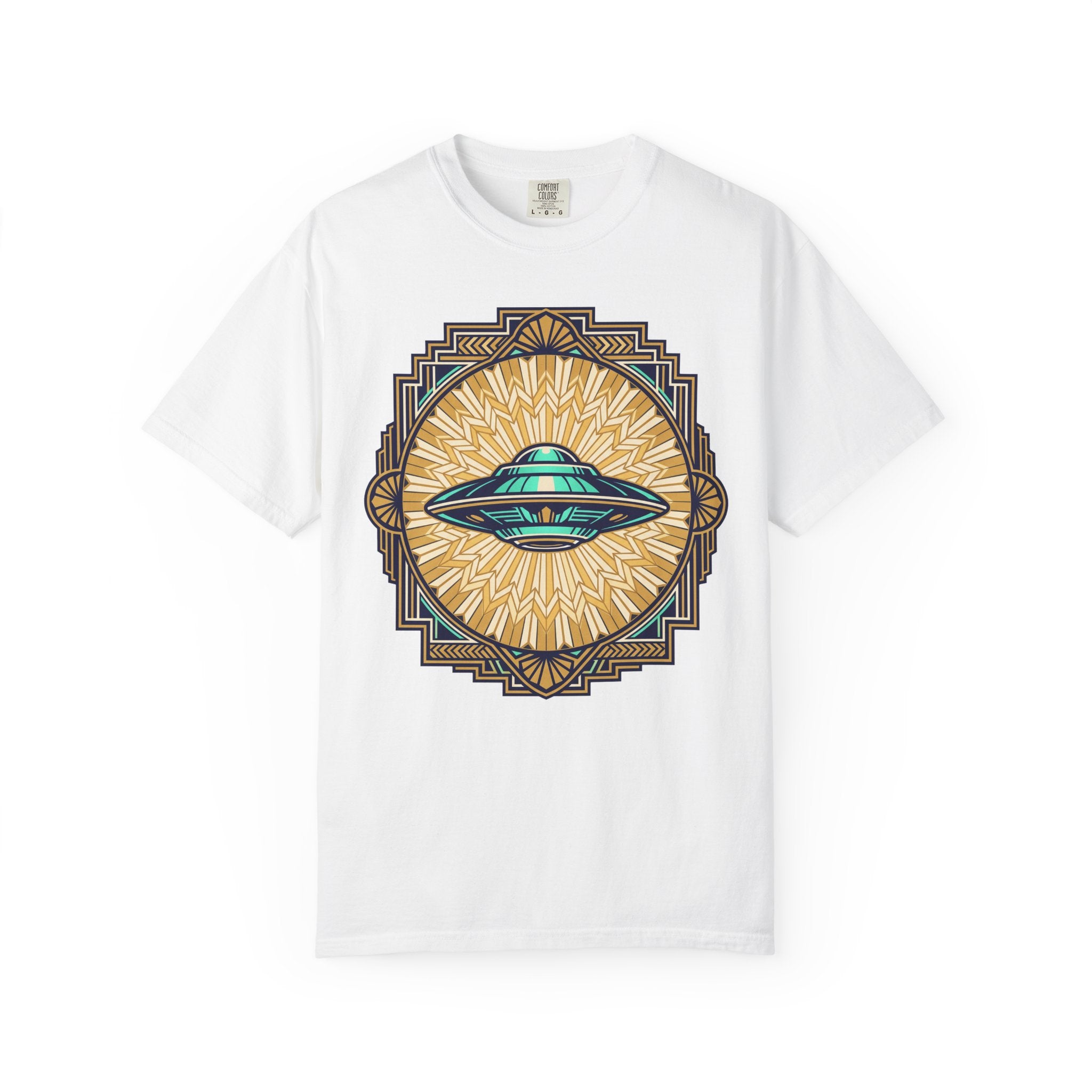 White T-shirt with central UFO graphic in blue and gold sunburst design