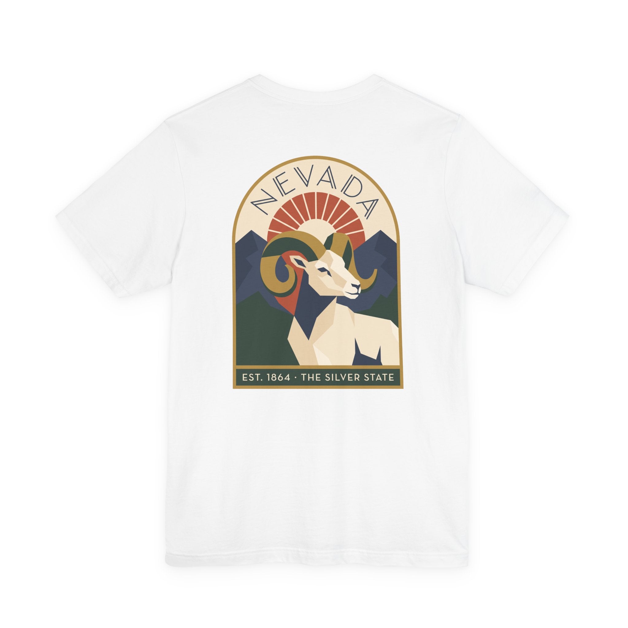 Nevada bighorn sheep art deco T-shirt, white with retro circular chest graphic