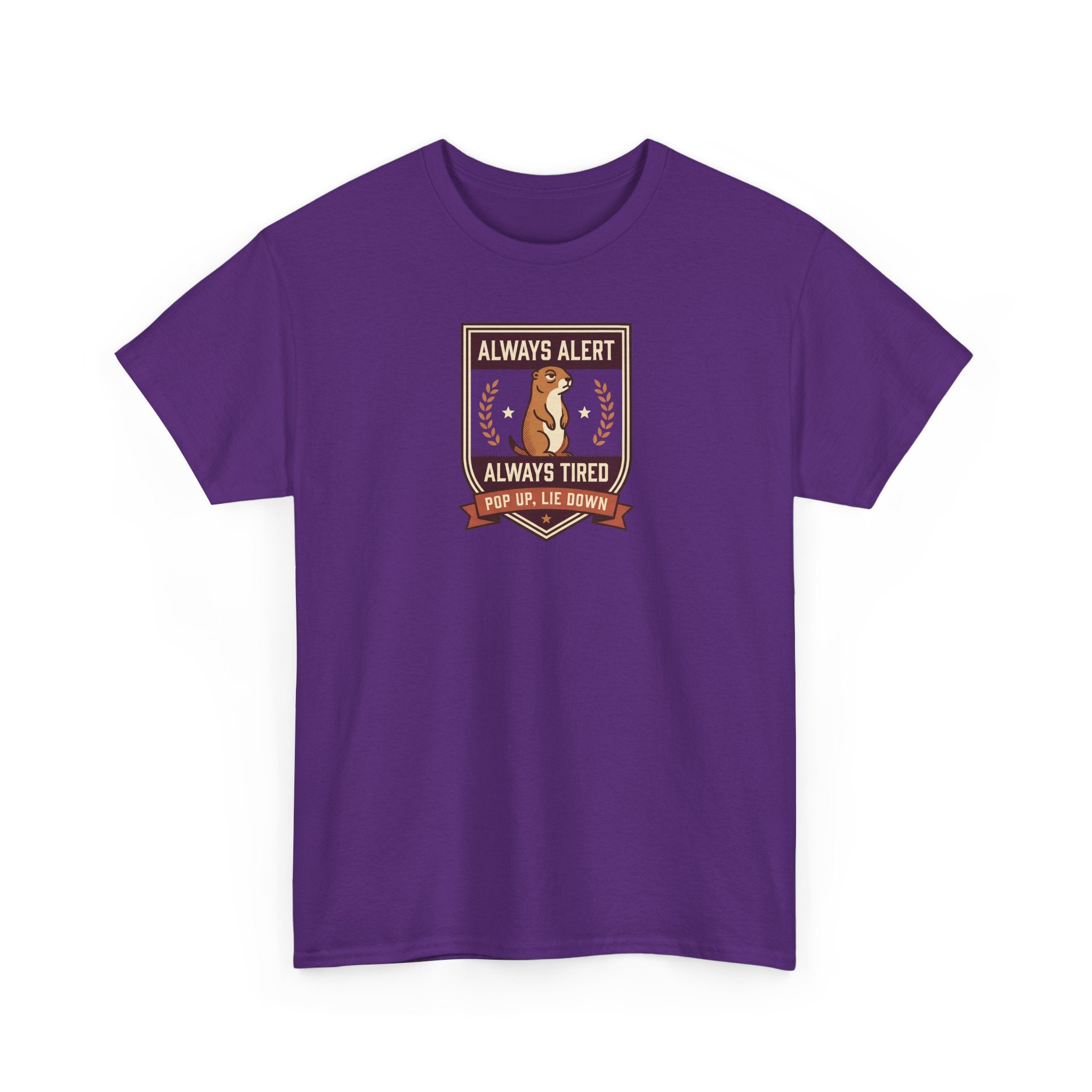 Purple crewneck T-shirt with rectangular "Always Alert" badge graphic.