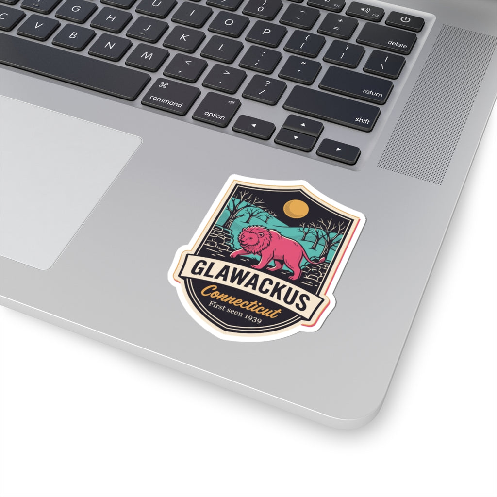 Pink lion patch vinyl decal with "GLAWACKUS" and Connecticut banner