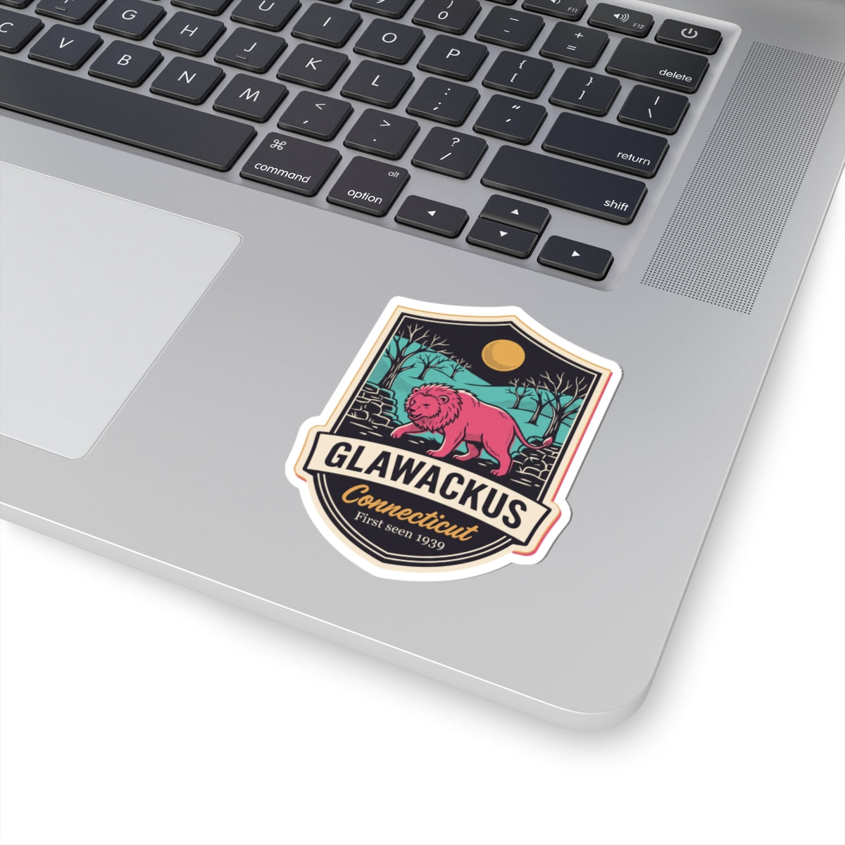 Pink lion patch vinyl decal with "GLAWACKUS" and Connecticut banner