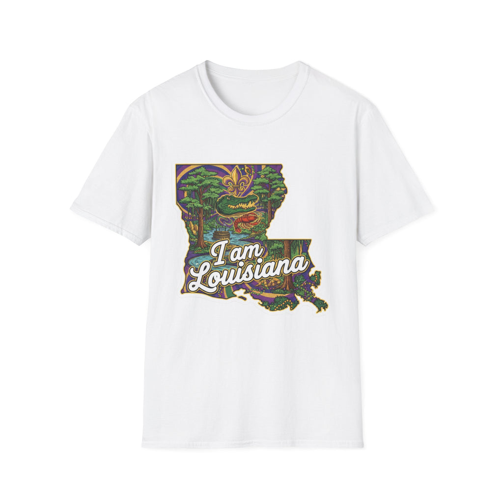 Camiseta blanca con mapa de Luisiana multicolor y texto “I am Louisiana”