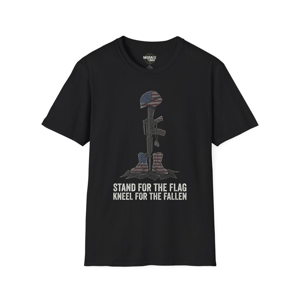 Black t-shirt with kneeling soldier flag graphic and text “STAND FOR THE FALLEN”