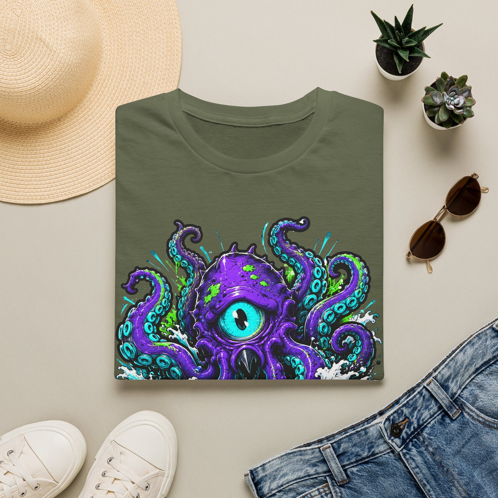 Military green graphic octopus T-shirt with purple cyclops eye and teal tentacles