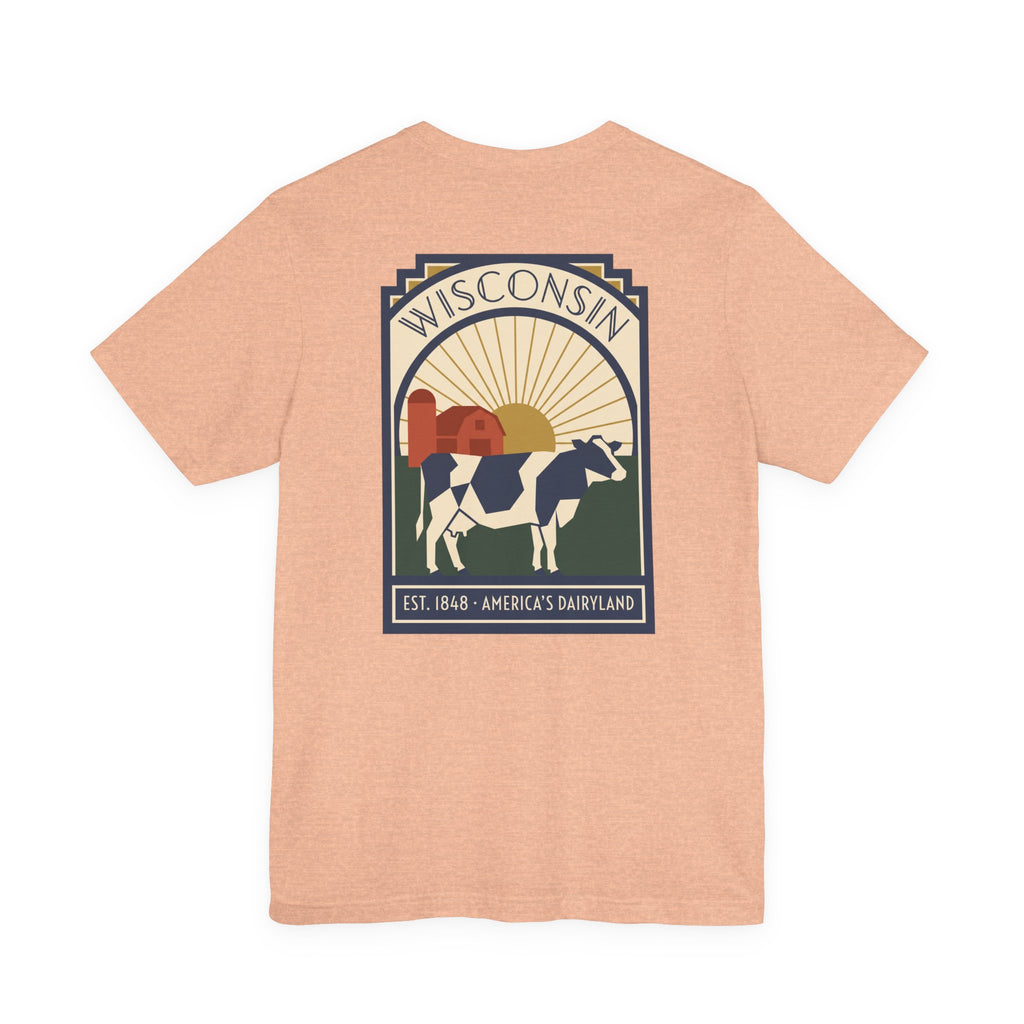 Light peach t-shirt with square Wisconsin dairy cow graphic on the front