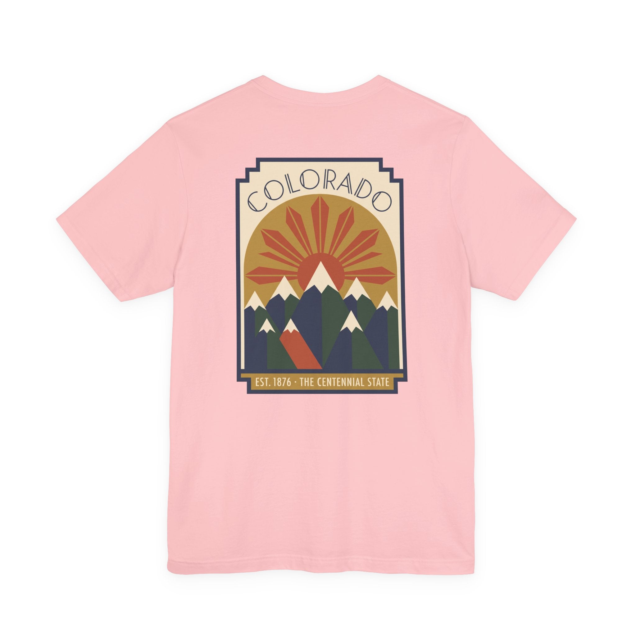 Light pink Colorado graphic art deco T-shirt with mountain sunset logo on front