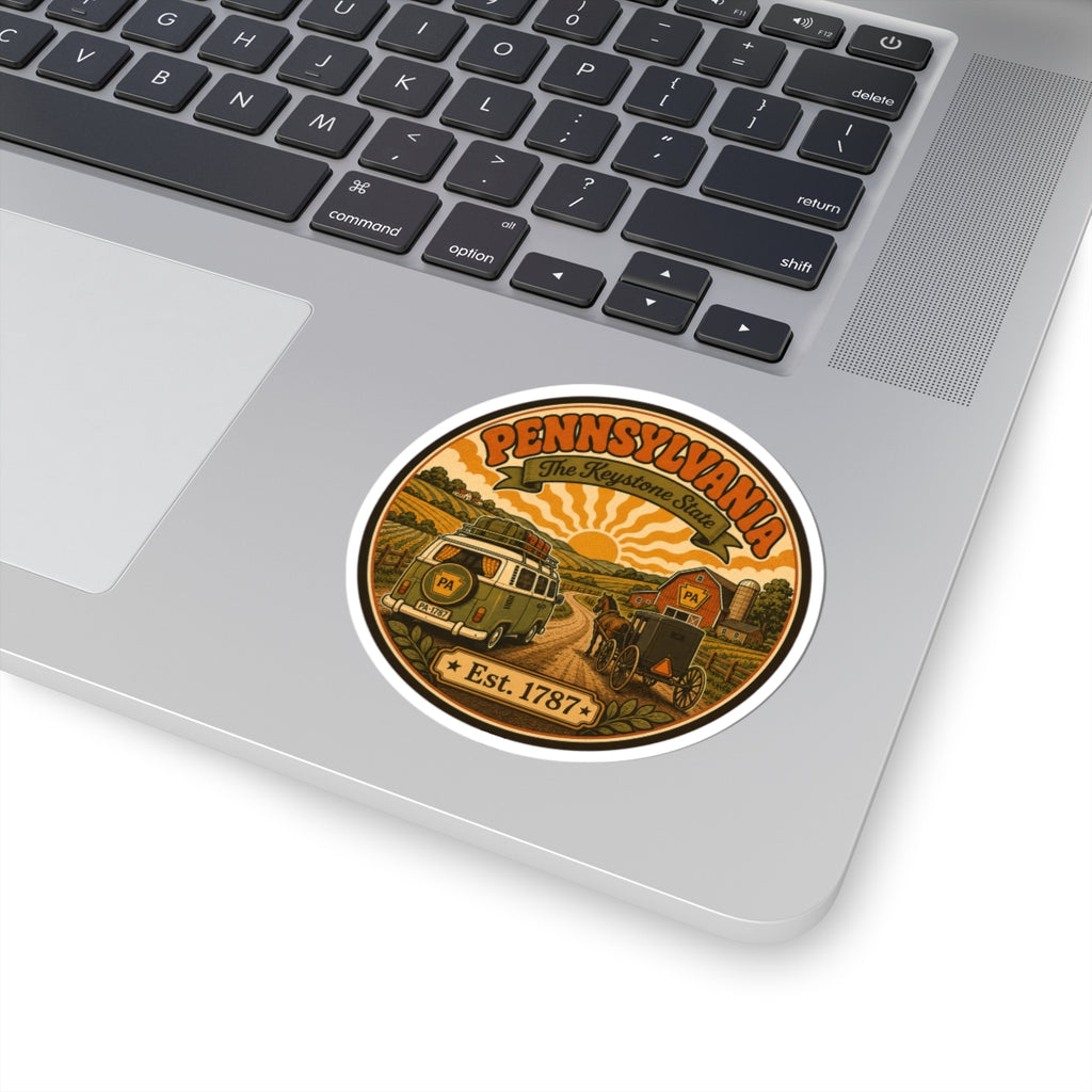 Oval Pennsylvania sticker on a laptop with vintage van, buggy scene, and Est. 1787