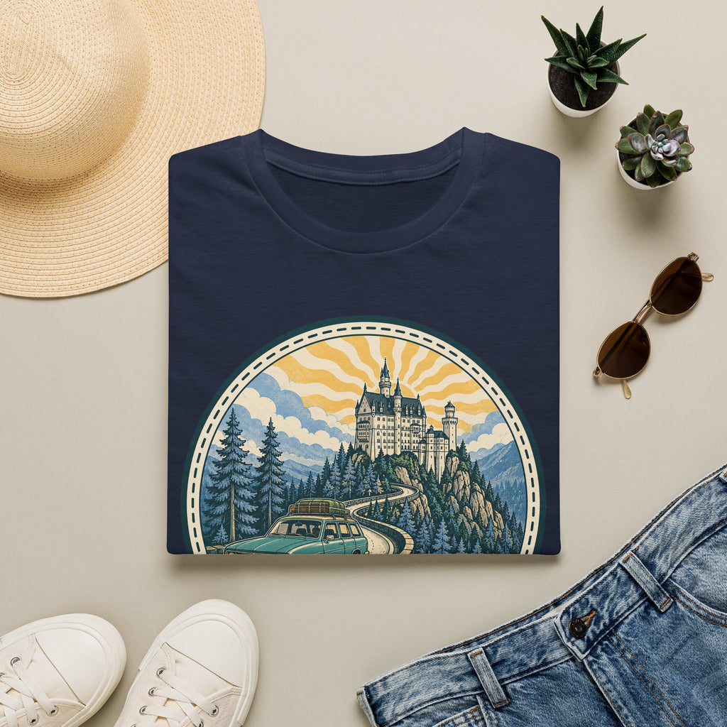 Navy T-shirt with circular castle landscape illustration graphic