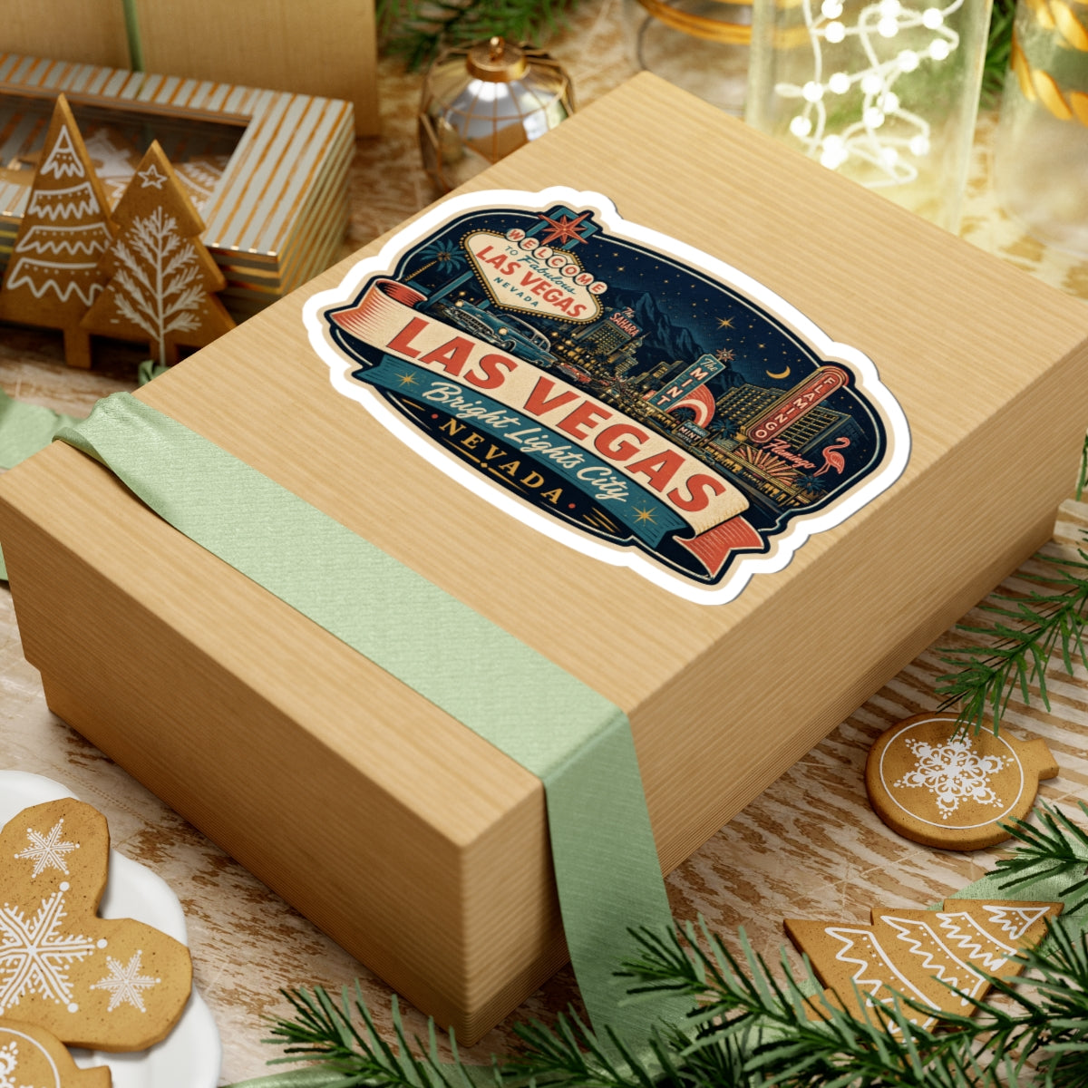 Las Vegas luggage tag sticker featuring “LAS VEGAS” ribbon banner and Nevada title