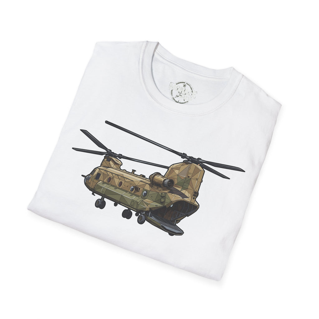 White CH-47 Chinook T-shirt with camouflage helicopter graphic on the front