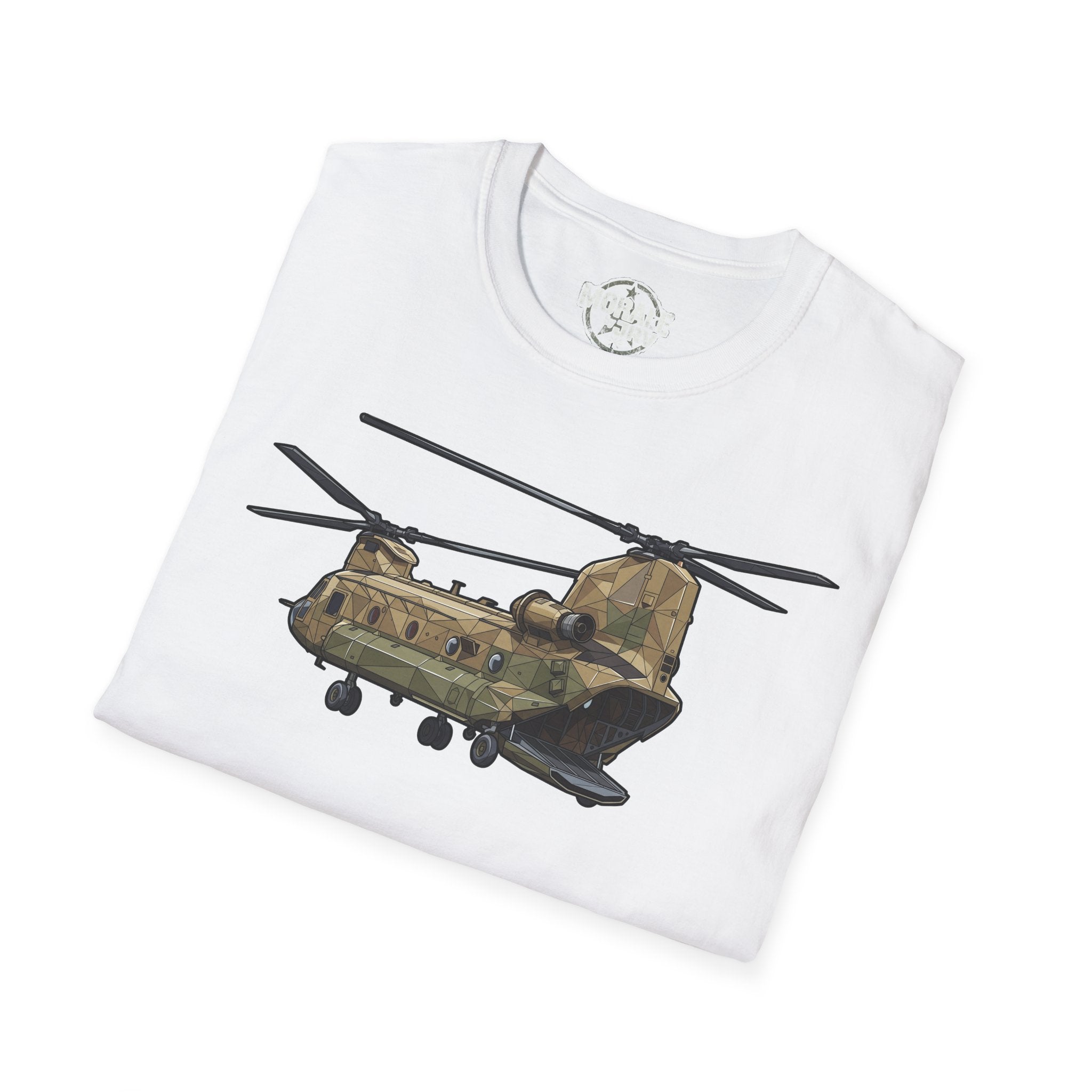 White CH-47 Chinook T-shirt with camouflage helicopter graphic on the front