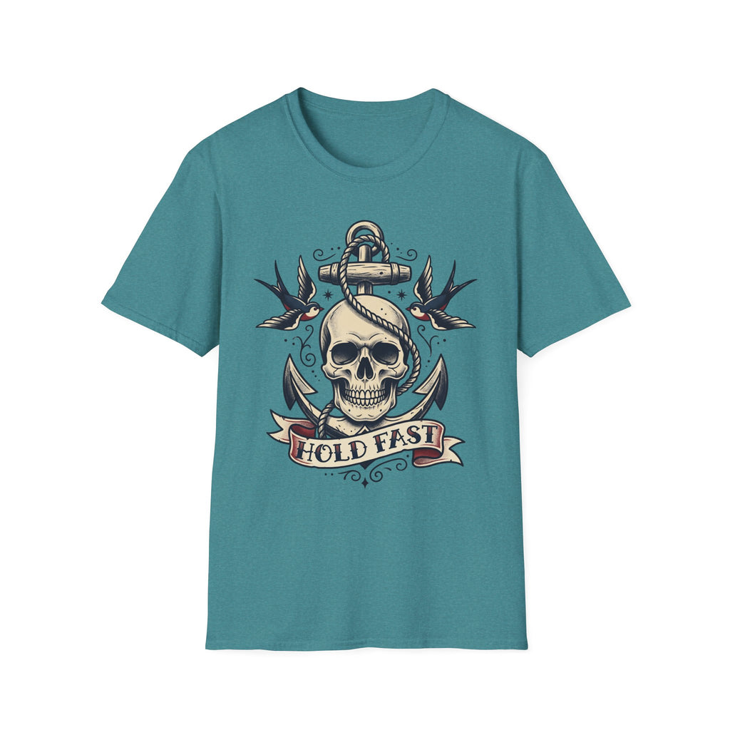 Teal T-shirt with skull anchor tattoo graphic and “HOLD FAST” banner